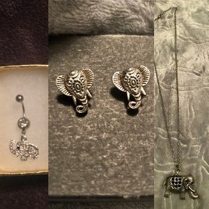 Elephant trio belly button long necklace &earrings